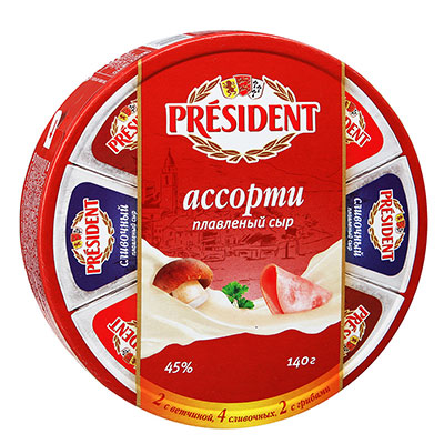 Сыр President плавленый ассорти ветчина/сливочный/грибы